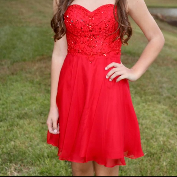 Short Strapless Red Flowy Sequin Dress - Picture 1 of 8